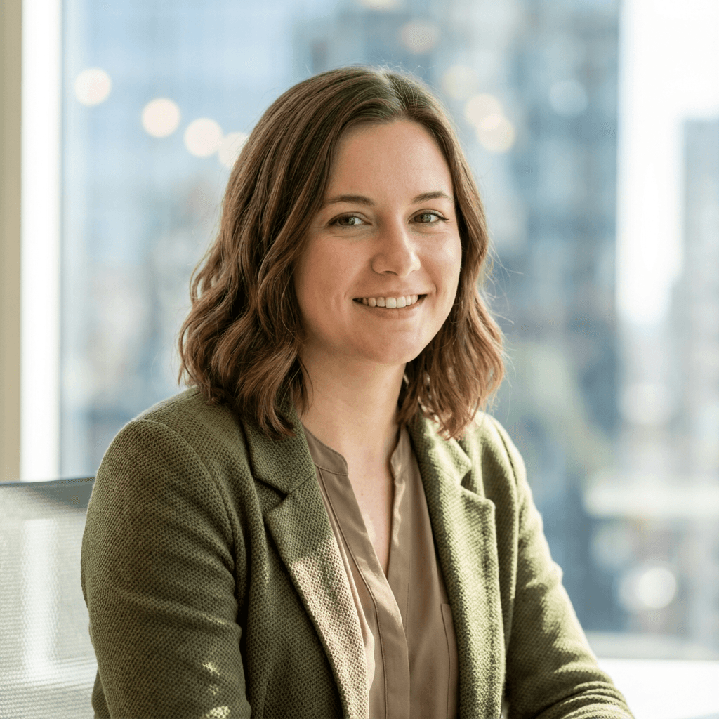 Female logistics client in her late 30s in a warehouse office setting