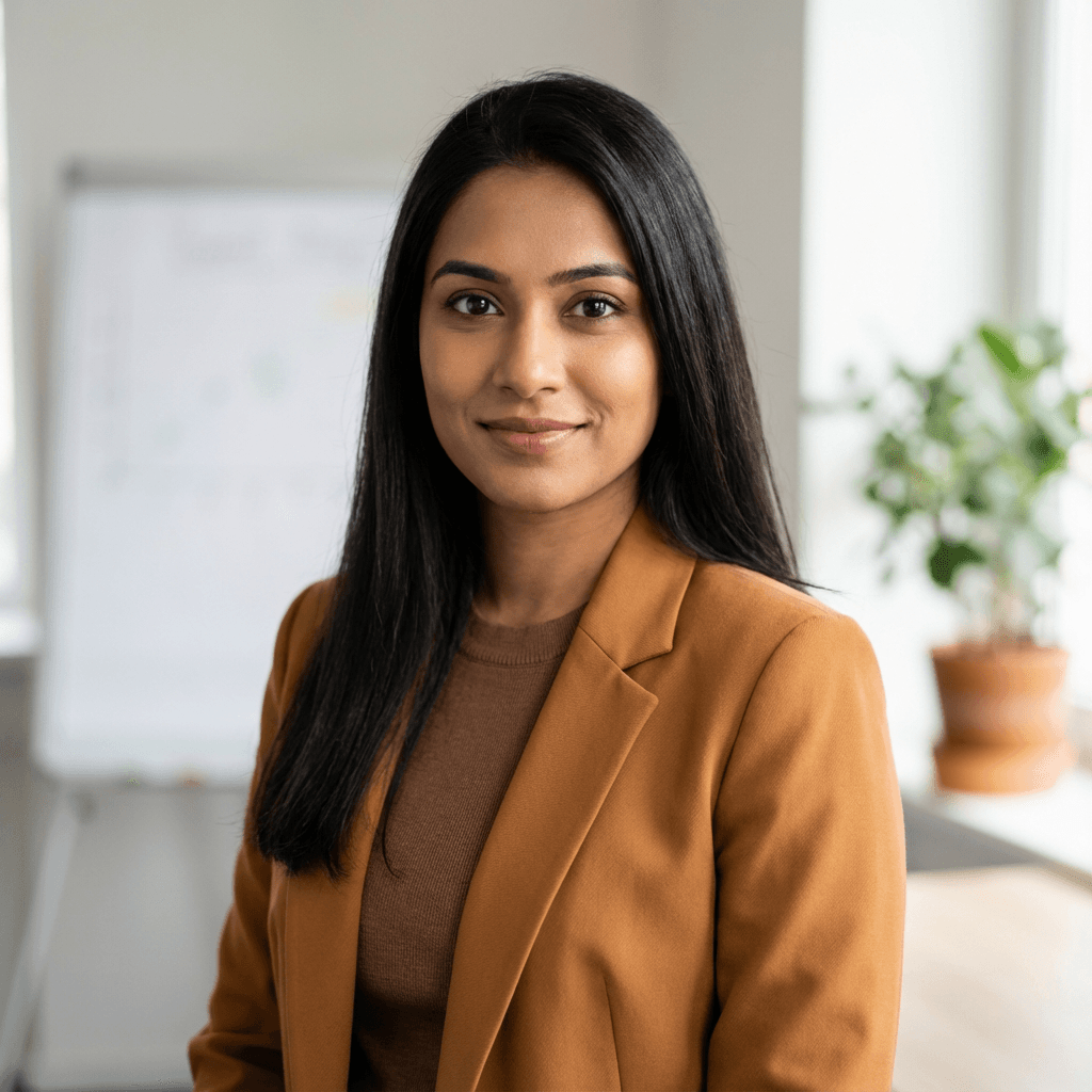 Priya Nair looking composed in a modern office environment