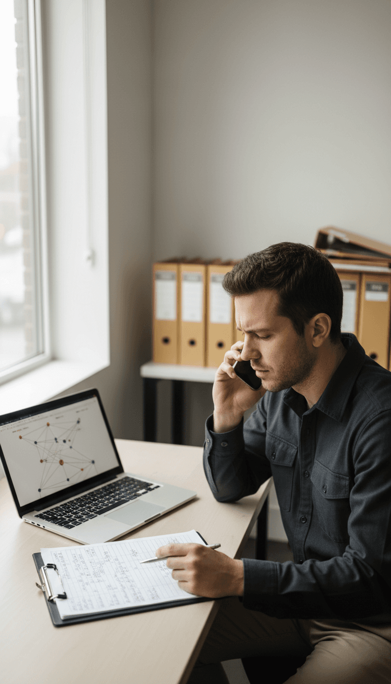 Logistics coordinator reviewing shipment notes while on the phone at a desk in Toronto