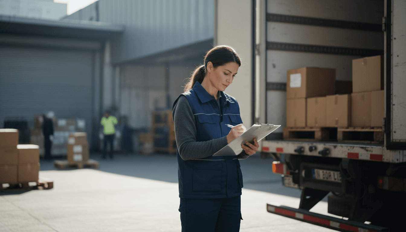 Logistics coordinator reviewing a delivery schedule beside a truck in Toronto