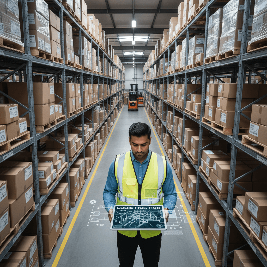Warehouse supervisor in high-visibility vest using tablet to manage freight inventory in organized storage area